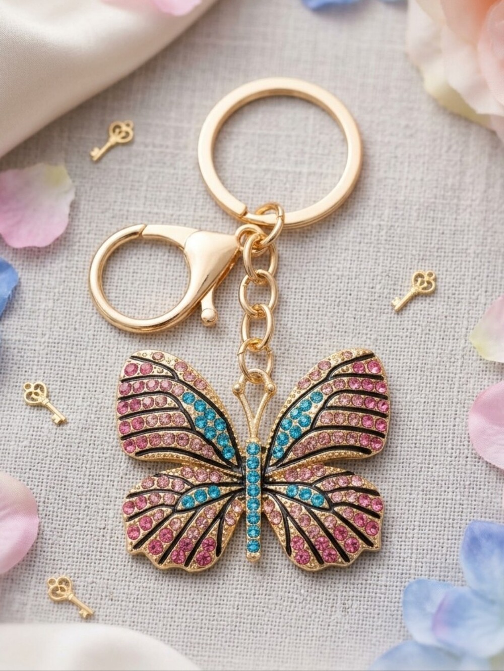 Gold Butterfly Keychain with Pink and Blue Crystals